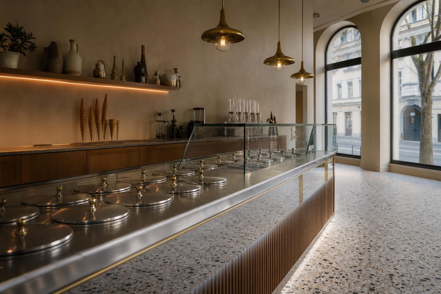 Terrazzoboden in einem Münchner Gastraum – fugenarmer Bodenbelag im Gewerbe